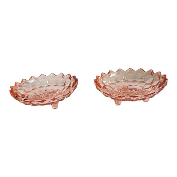 2 Vtg Jeannette Cubist Pink Depression Glass 3-Footed Geometric Candy Dishes 6" - Picture 1 of 6